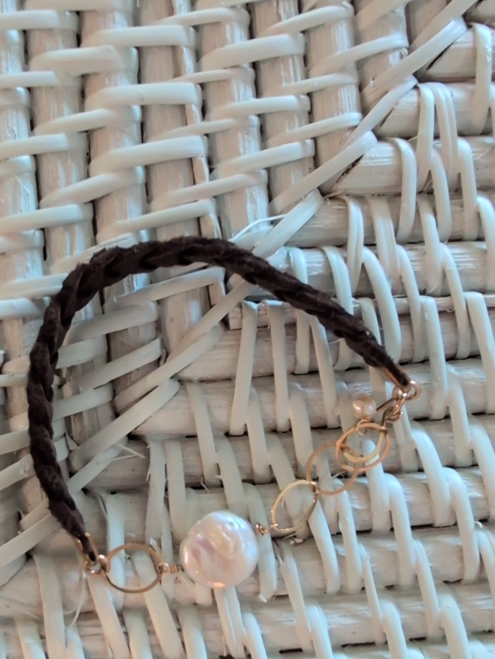 J. Mills Jewelry Gold & Brown Braided Leather Bracelet with White Pearl Accent